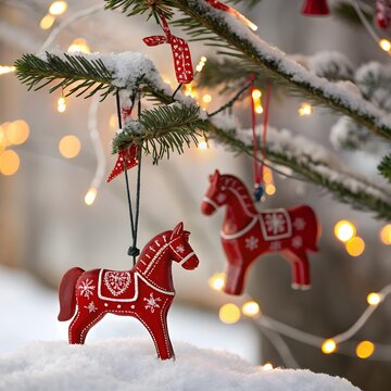 Holiday Dala Horse Ornaments on Snowy Christmas Tree Branches Lit with Festive Lights