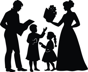 family making greeting cards silhouette,family writing holiday cards silhouette