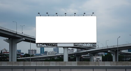 Fototapeta premium Empty Horizontal Billboard beside Rural Highway with Green Fields, Trees, and Clear Morning Blue Sky