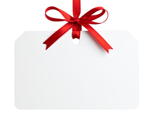 Blank White Gift Tag with Red Ribbon Bow, Textured Surface, Isolated on Transparent Background