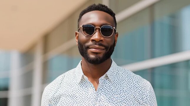 African American man with stylish dreadlocks is standing outdoors, wearing sunglasses and a patterned shirt, showcasing a confident and relaxed demeanor in a modern urban environment