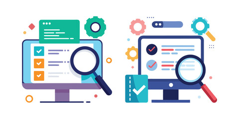 Developer debugging code with magnifying glass, software programmer analyzing bugs, coding inspection concept, software development, tech illustration, programming vector art