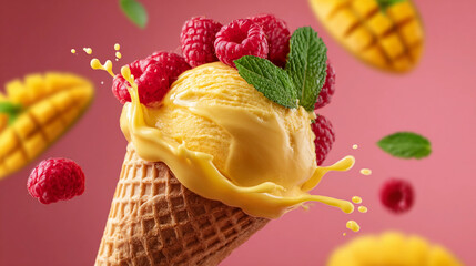 delicious ice cream with mango and raspberry flavor in a waffle