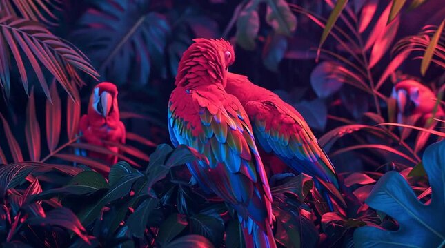 Vibrant scarlet macaws perched among lush tropical foliage, showcasing vivid colors and intricate feather patterns in a serene jungle environment, highlighting nature's beauty and wildlife