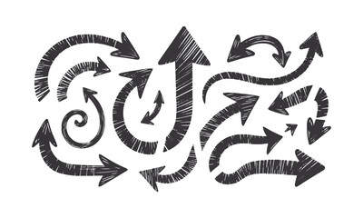  Scalable vector illustration of hand-drawn arrows in various directions and styles, a Set of black hand drawn grunge doodle spiral and curved charcoal, chalk arrows, easily editable.