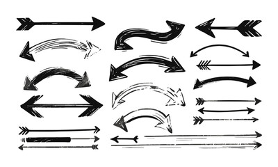  Scalable vector illustration of hand-drawn arrows in various directions and styles, a Set of black hand drawn grunge doodle spiral and curved charcoal, chalk arrows, easily editable.