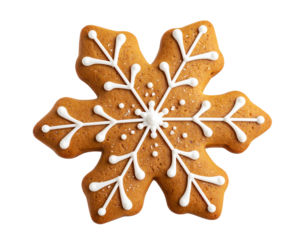 Gingerbread Snowflake Cookie with Sparkling Sugar and White Icing, Floating in Mid-Air, Isolated on Transparent Background