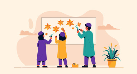 Family Preparing Decoration For Ramadan Celebrations At Home With Creativity