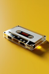 Fototapeta premium Vintage audio cassette on yellow background reflecting retro music era