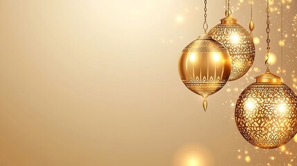 Golden lanterns hanging against a soft beige background