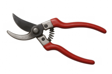 Gardening secateurs featuring vibrant red handles, positioned for precise cutting and professional landscaping work
