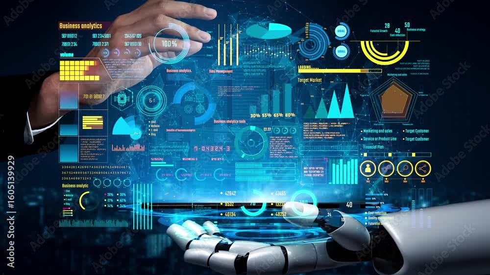 Poster ai artificial intelligence drives data analytics with predictive models, smart dashboards, and virtu