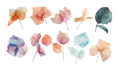 Fototapeta premium Watercolor translucent leaf collection in soft pastel hues for botanical art