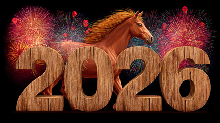 wooden numbers 2026 with chinese new year symbol red horse with fireworks for holiday