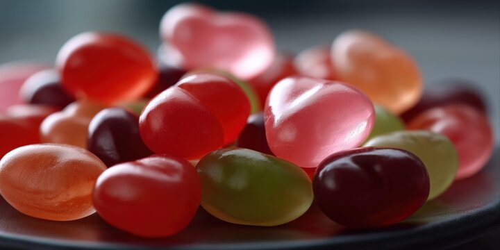 Colorful heart-shaped jelly beans piled on a plate in soft focus