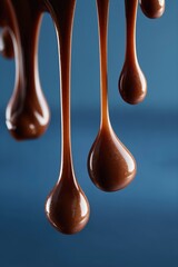Close-up of melted chocolate dripping against blue background