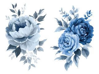 Blue watercolor floral bouquets with peony and rose designs © Cetin