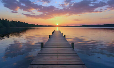 Obraz premium Sunset Over Serene Lake with Long Wooden Pier – Peaceful Nature Scene
