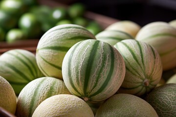 Fresh green striped melons in a market display
