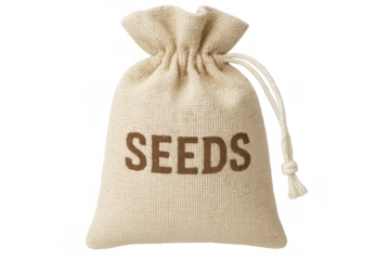 Small tied linen bag containing seeds isolated on transparent background, ready for planting and gardening