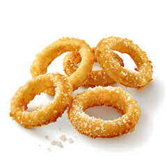 Golden, crispy onion rings with a dusting of seasoning, arranged in a small pile.