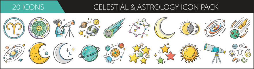 Celestial and Astrology Doodle Icon Set - A mystical hand-drawn icon pack featuring zodiac signs, planets, stars, moons, and space elements—perfect for horoscopes, astronomy, and cosmic designs.