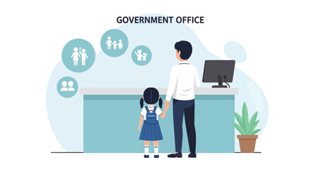 Obraz premium Father And Daughter At Governmental Office, Social Services Consultation Illustration