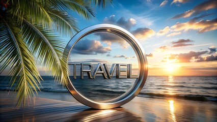 Scenic digital composition of ocean palm trees and TRAVEL word perfect for travel and tourism advertisements vacation promotional templates or branding materials for agencies offering beach holidays