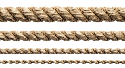 Four thick natural jute ropes of different sizes. Isolated on transparent background, png
