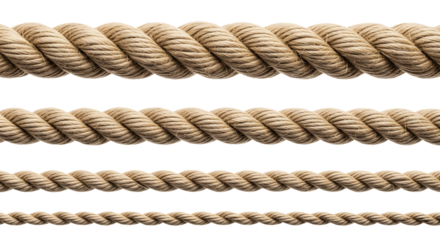 Four thick natural jute ropes of different sizes. Isolated on transparent background, png