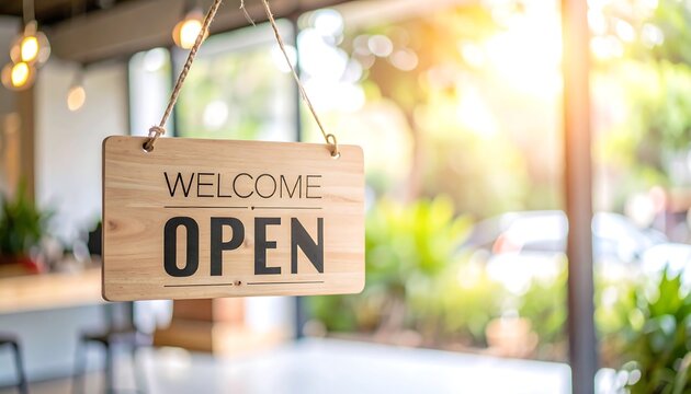 Wooden sign welcoming customers to a store