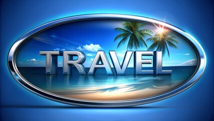 Digital beach landscape with palm trees blue ocean and TRAVEL word ideal for futuristic travel company templates advertisements or digital tourism promotions highlighting exotic beach destinations