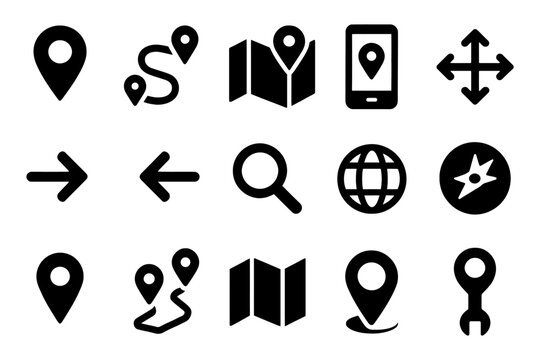 Navigation glyph icons set with map, pin, route, compass, arrows, globe, search for app and web