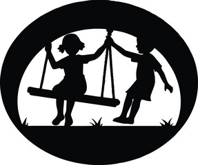Fototapeta premium siblings on seesaw at sunset silhouette,children balancing on seesaw silhouette