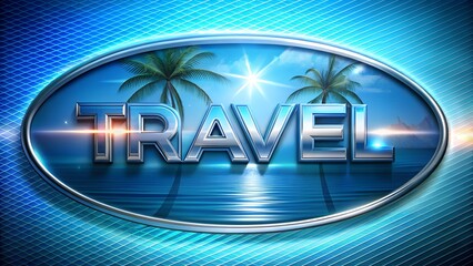 Futuristic tropical landscape with ocean palm trees and large TRAVEL word perfect for travel agency advertising vacation campaign banner or tourism company promo template focused on exotic destination