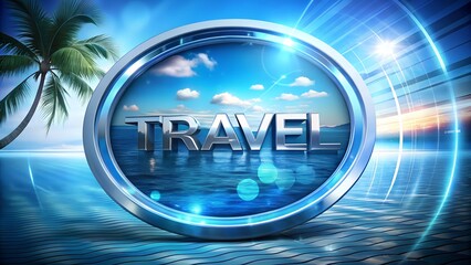 High-tech styled beach view featuring palm trees blue ocean and TRAVEL text design ideal for travel business marketing poster tourism agency presentation or summer holiday promotional visuals