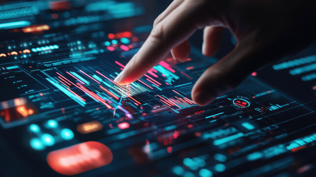 A finger touching a digital interface with glowing lines and graphs in blue and red colors displayed - Powered by Adobe