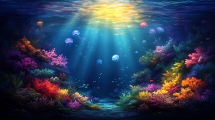 Underwater coral reef scene. Sunlight beams through the water