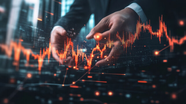 A person in a suit interacting with a red stock market graph overlayed on a futuristic interface
