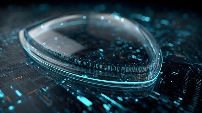 A futuristic translucent element set against a backdrop of glowing binary code, showcasing technology and innovation.