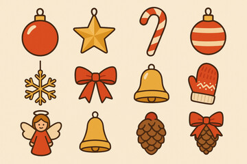 Set of Christmas Ornament Icons in Flat Vector Style