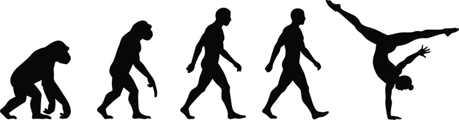 Evolution of human movement, primate to gymnast, silhouette progression, fitness concept, physical development, vector illustration