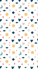 Whimsical abstract geometric shapes pattern with pastel colors and hand drawn texture on white background