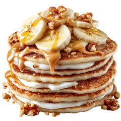 Delicious banana pancakes stack with cream and caramel topping food  isolated on transparent background