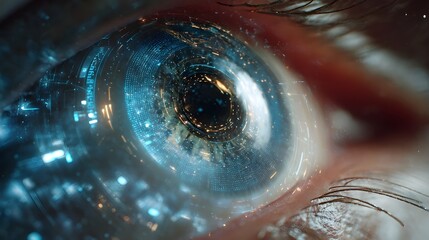 Close-up of a human eye with a futuristic digital overlay, showcasing intricate circuitry and glowing elements.