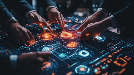 Group of people interacting with a futuristic interface on a table with glowing orange elements