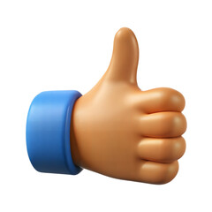 Close up of a 3d cartoon hand giving a thumbs up gesture with a blue sleeve against a black background