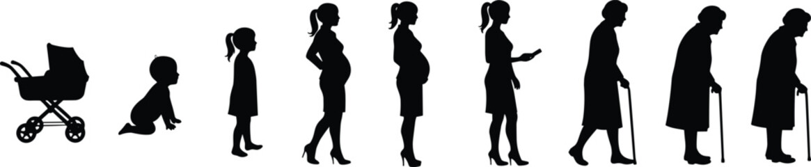 Life stages of woman, silhouette progression, baby to elderly, aging concept, growth journey, timeline development, vector