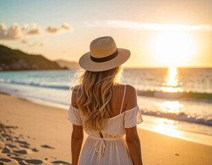 Woman in Hat at Beach Sunset