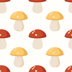 Seamless pattern of brown and red mushrooms, nature background
